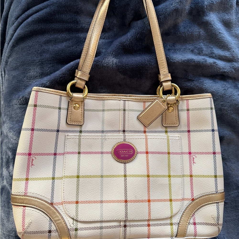 Gorgeous Coach Plaid Tote with Gold Accents and bright pink interior. EUC